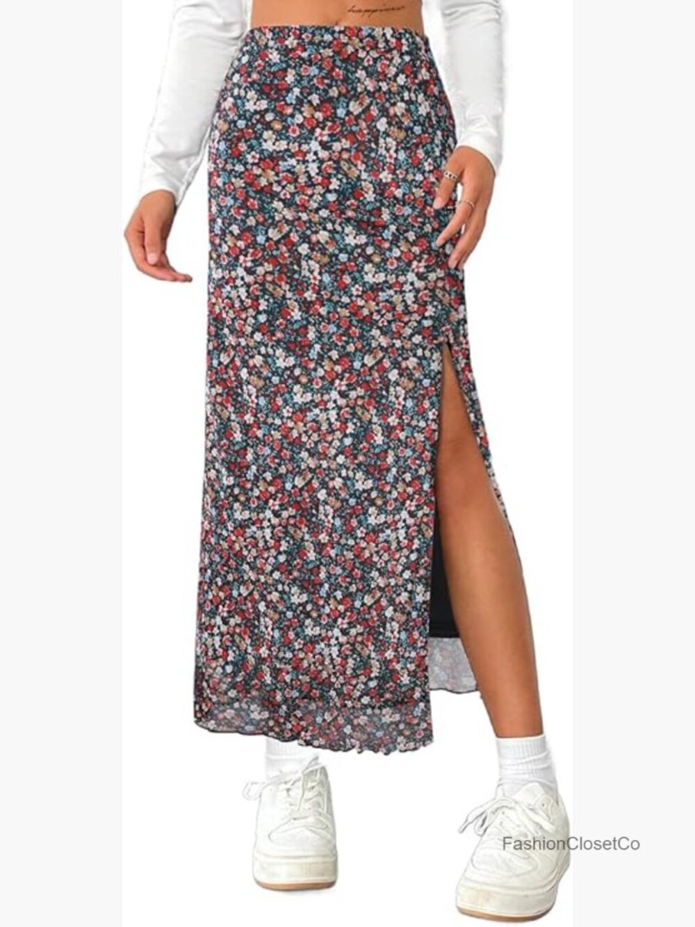 Women's Mesh Slit Split Maxi Skirt High Waisted Summer Long Skirt